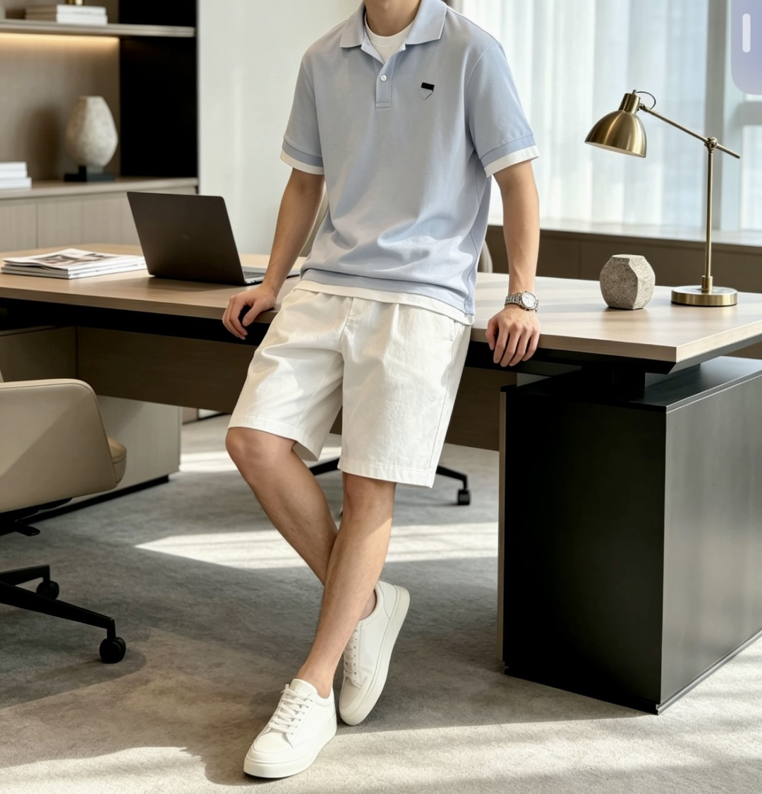 Prad浅蓝撞色Polo衫，清爽绅士夏日刚需 精选高支珠地棉面料，透气排汗，上身干爽不粘肤，自带柔和肌理感，久穿不易变形