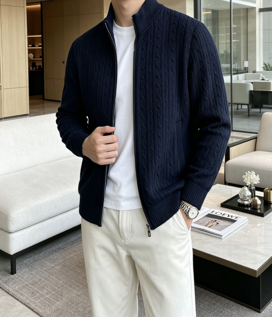 Loro Piana男士绞花立领拉链针织开衫 两色可选|高级灰/藏青色 经典麻花纹理,复古绞花编织工艺,肌理感饱满立体, Loro Piana男士绞花立领拉链针织开衫 两色可选|高级灰/藏青色 经典麻花纹理,复古绞花编织工艺,肌理感饱满立体,