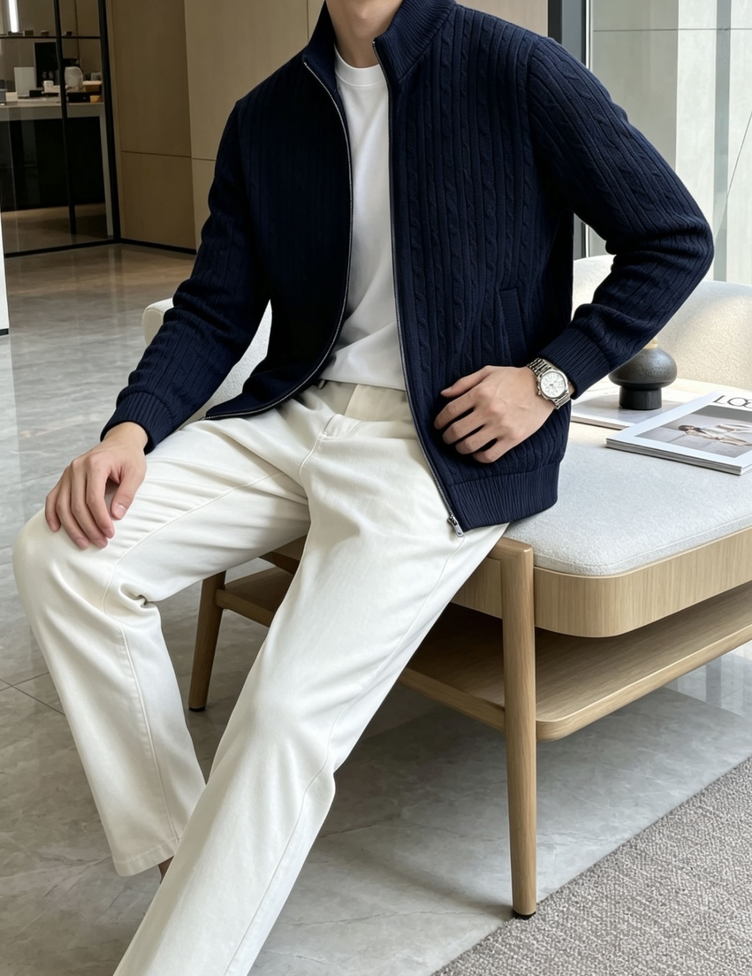 Loro Piana男士绞花立领拉链针织开衫 两色可选｜高级灰/藏青色 经典麻花纹理，复古绞花编织工艺，肌理感饱满立体，
