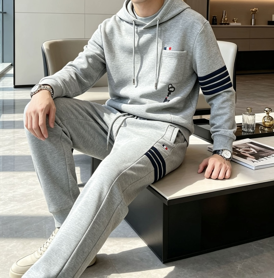 型号L901QD#，TB家 2026秋冬最新钥匙绣标男士连帽运动衫，传统套头带帽卫衣款型，胸前雅致口袋设计，搭配经典红白
