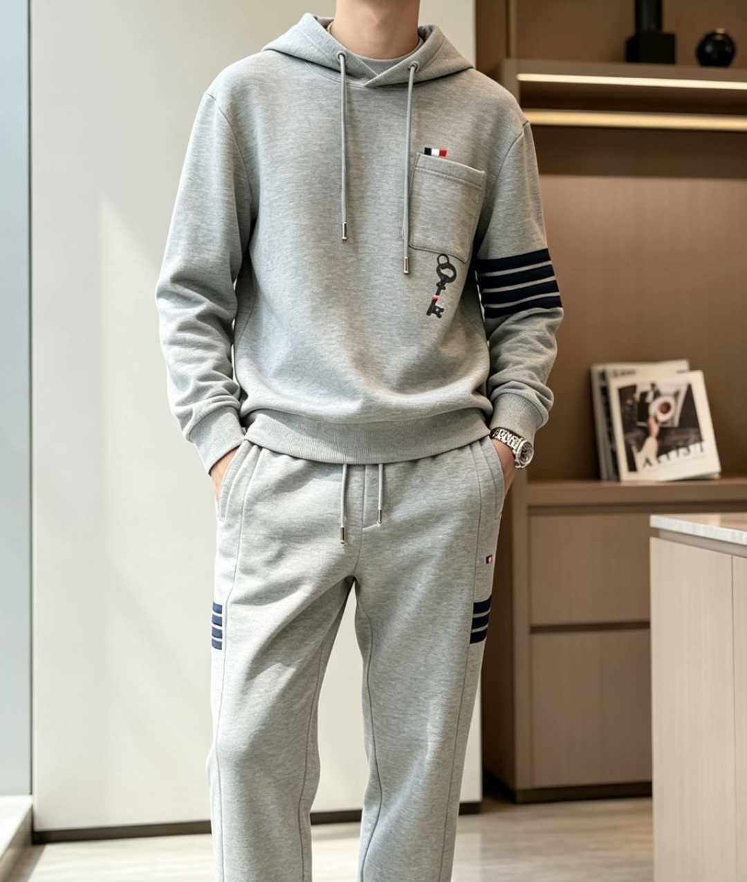 型号L901QD#，TB家 2026秋冬最新钥匙绣标男士连帽运动衫，传统套头带帽卫衣款型，胸前雅致口袋设计，搭配经典红白