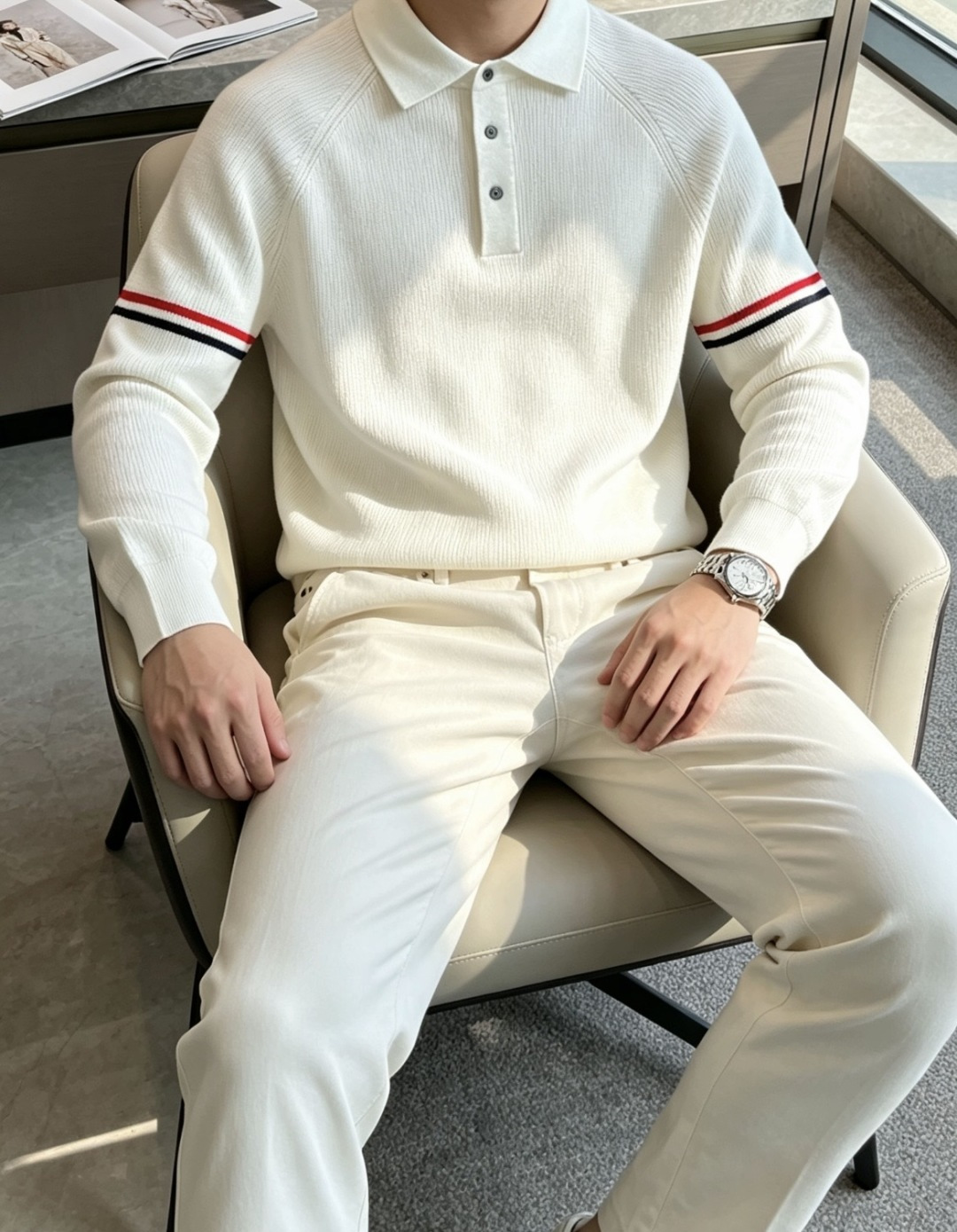TB男士翻领Polo针织毛衣✨ 经典Polo领+半开扣设计，休闲又带一丝利落感 双臂红白蓝织带点缀，低调的辨识度 插肩坑