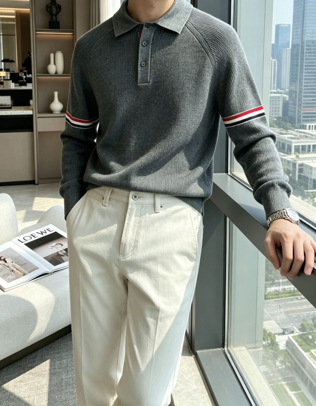TB男士翻领Polo针织毛衣✨ 经典Polo领+半开扣设计，休闲又带一丝利落感 双臂红白蓝织带点缀，低调的辨识度 插肩坑