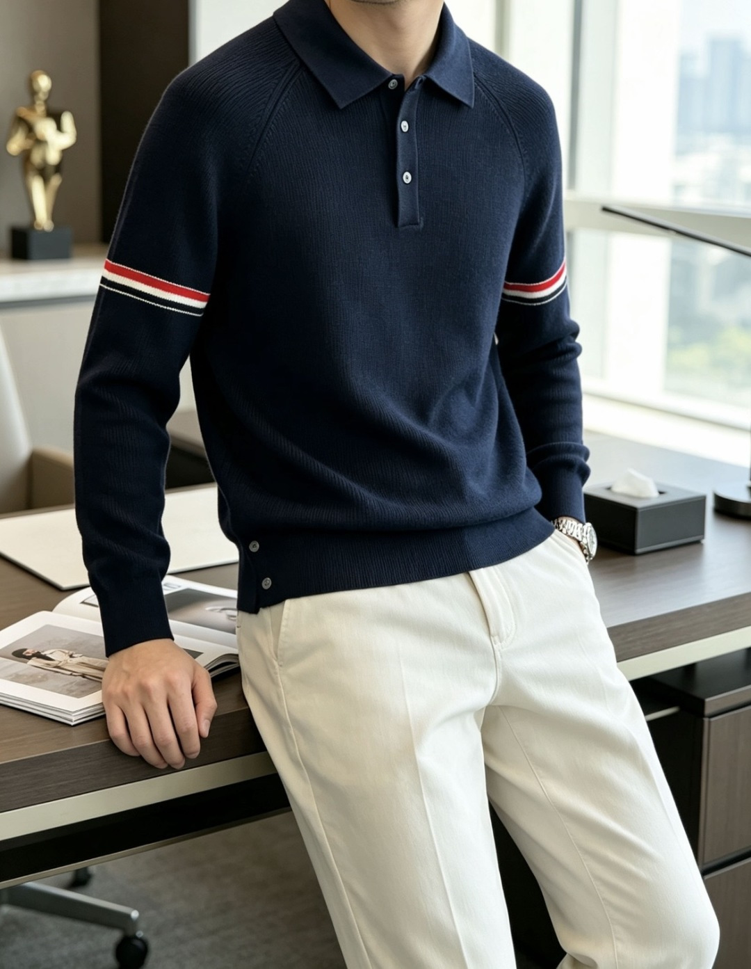 TB男士翻领Polo针织毛衣✨ 经典Polo领+半开扣设计，休闲又带一丝利落感 双臂红白蓝织带点缀，低调的辨识度 插肩坑