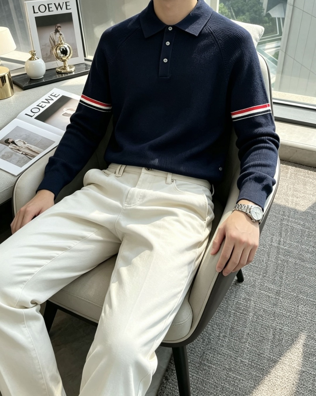 TB男士翻领Polo针织毛衣✨ 经典Polo领+半开扣设计，休闲又带一丝利落感 双臂红白蓝织带点缀，低调的辨识度 插肩坑