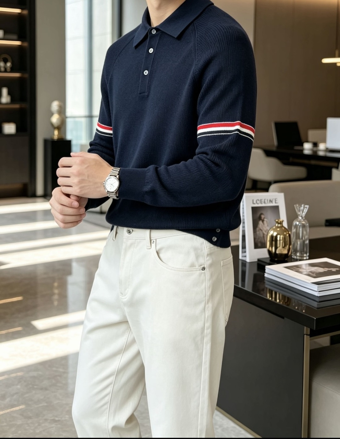 TB男士翻领Polo针织毛衣✨ 经典Polo领+半开扣设计，休闲又带一丝利落感 双臂红白蓝织带点缀，低调的辨识度 插肩坑
