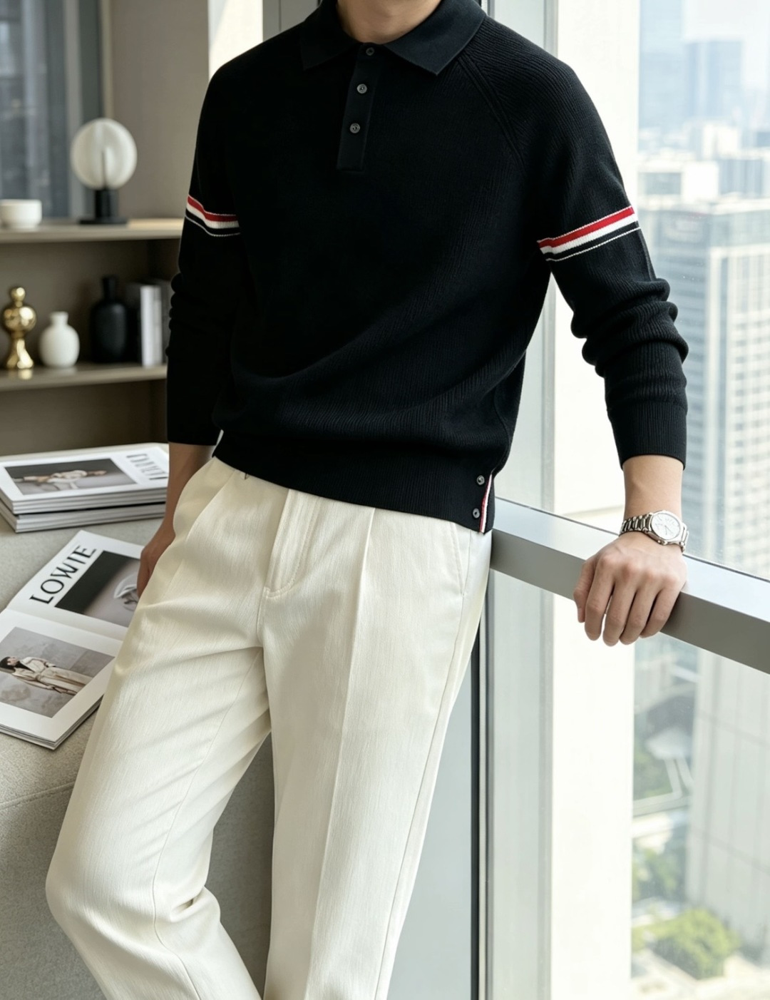 TB男士翻领Polo针织毛衣✨ 经典Polo领+半开扣设计，休闲又带一丝利落感 双臂红白蓝织带点缀，低调的辨识度 插肩坑