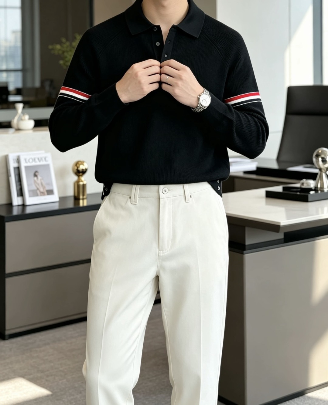 TB男士翻领Polo针织毛衣✨ 经典Polo领+半开扣设计，休闲又带一丝利落感 双臂红白蓝织带点缀，低调的辨识度 插肩坑