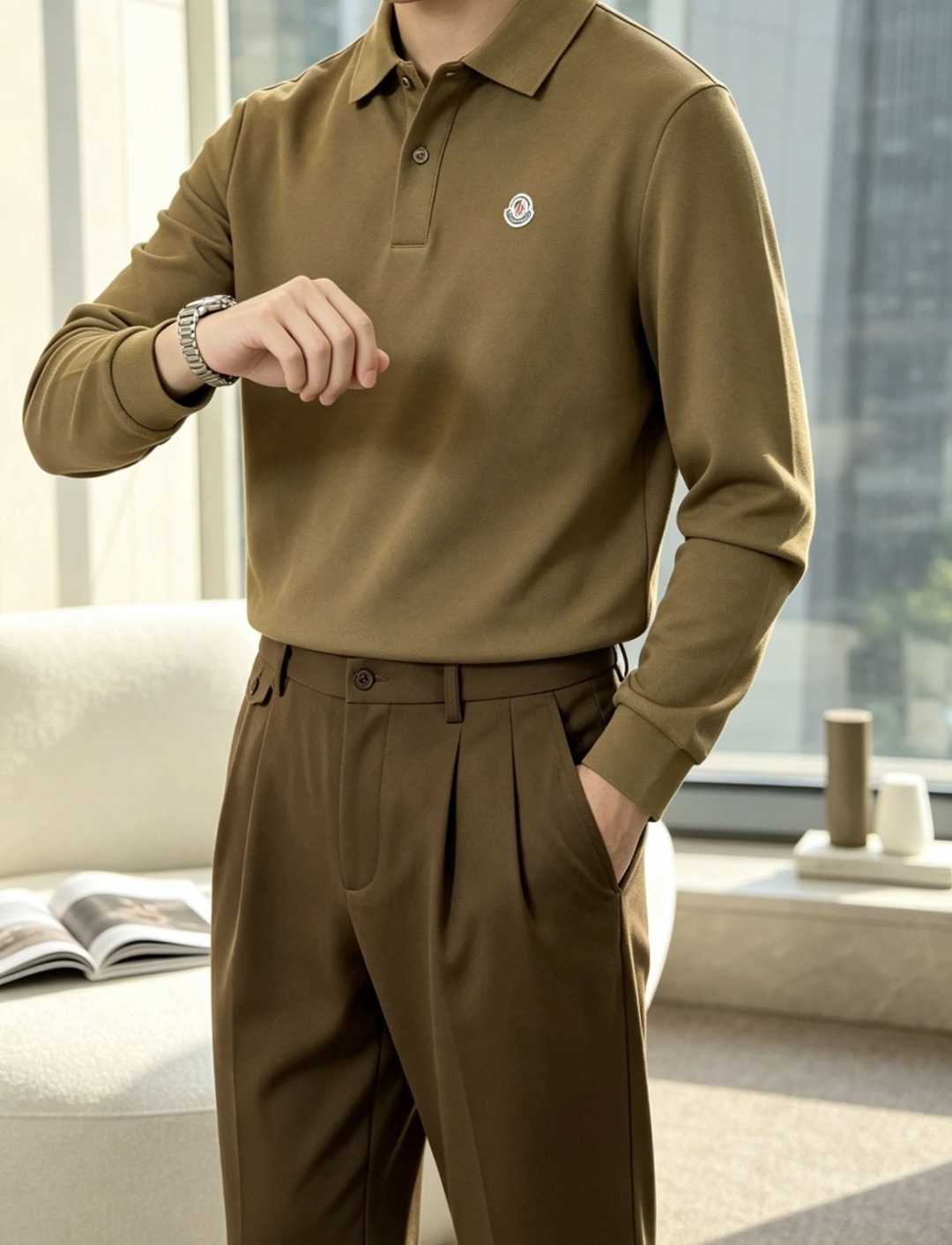 26FW秋冬｜Moncler男士长袖Polo衫 三色可选｜卡其/橙红/黑色 甄选高支珠地棉面料，触感细腻挺括，透气亲肤，