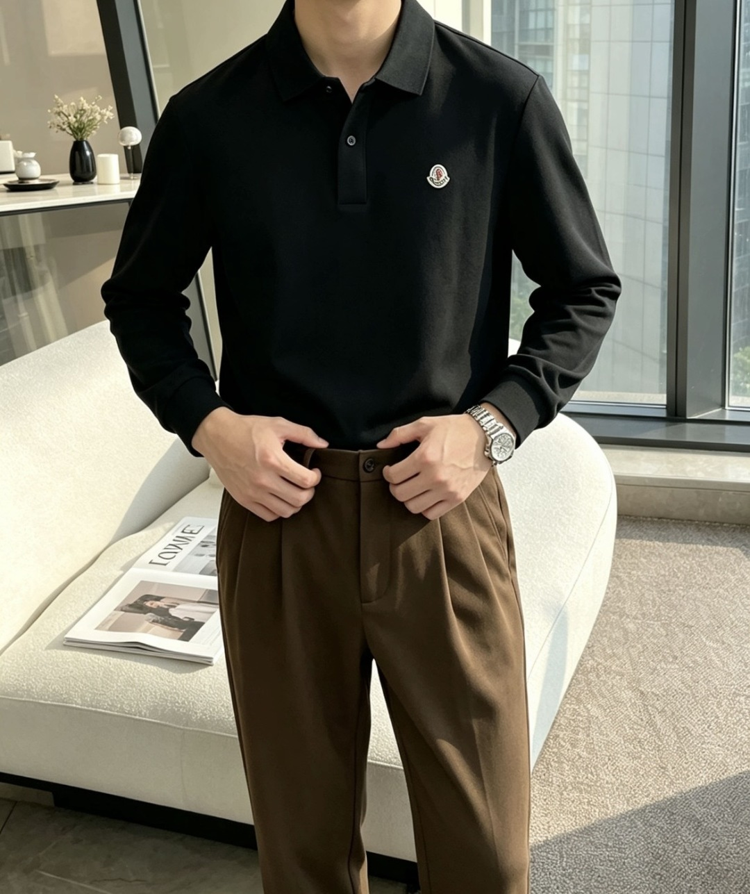 26FW秋冬|Moncler男士长袖Polo衫 三色可选|卡其/橙红/黑色 甄选高支珠地棉面料,触感细腻挺括,透气亲肤, 26FW秋冬|Moncler男士长袖Polo衫 三色可选|卡其/橙红/黑色 甄选高支珠地棉面料,触感细腻挺括,透气亲肤,