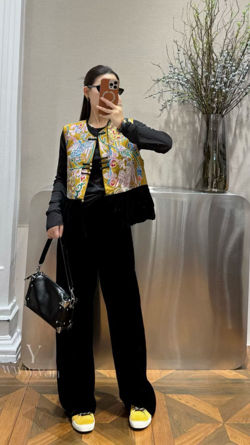 Elegant Embroidered Oriental Vest, Silk Velvet Hem, Floral Phoenix Design 1 Elegant Embroidered Oriental Vest, Silk Velvet Hem, Floral Phoenix Design