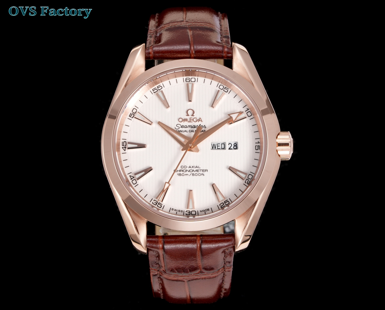 NO:340616,White gold steel belt full steel belt OVS Factory heavy recommendation Omega Seahorse Series Aqua Terra 150m watch, double calendar model with diameter of 43MM gold size, suitable for most wrist circumference, can be held in daily commuting and formal occasions!  1. Details are upgraded. The details are deeply replicated, consistent with the genuine product. Each pattern is carefully crafted to restore the classic texture; 2. The crown is optimized to adopt a screw-in design, matched with embossing craftsmanship and the new 