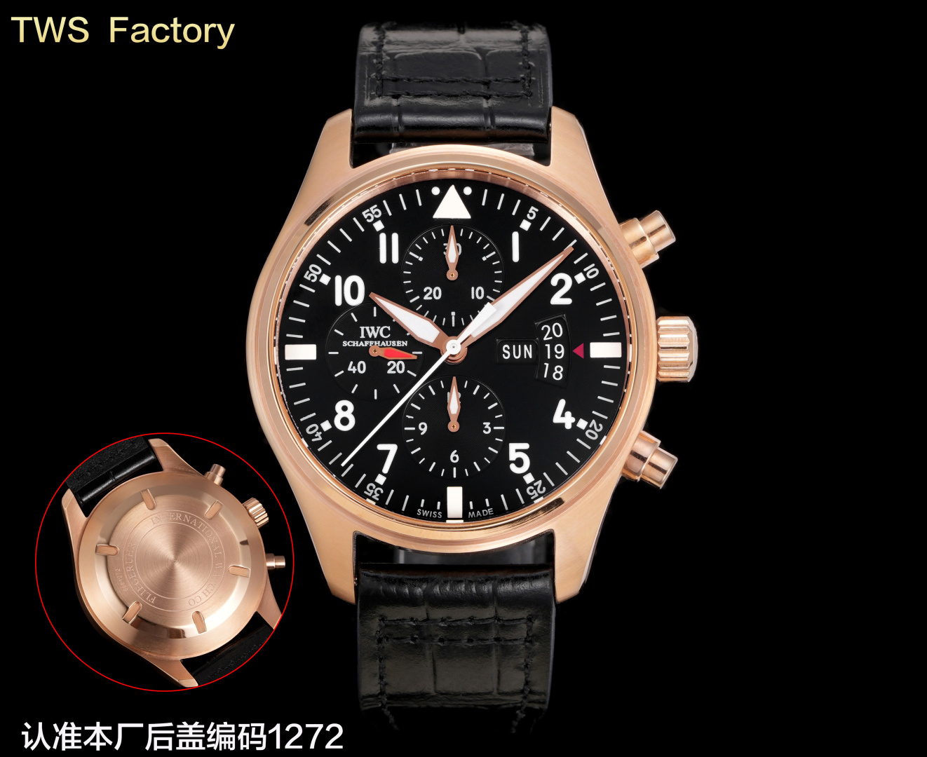 NO:586027,TWS Classic Premium Upgraded V2 Version Soaring High in the Sky  Every minute and every second must be 'real'] IWC3777 pilot chronograph series produced by TWS, the movement is synchronized with the original, double-sided anti-vertigo blue coating. This is an extraordinary classic. [Mature workmanship] The watch size is 43mm  Strong and mature workmanship. The lines are clear and full of three-dimensionality. It authentically restores the tenacity and excellent quality of this series. [Movement] adopts TOP-grade Dandong movement, which not only has a synchronized structure with the original, but also has winding, calendar adjustment, operating hands and timing functions that are completely consistent with the original. [Wonderful details] 1. TWS follows the traditional skills of IWC, using double-layer light blue anti-vertigo coating, and the details are consistent with the original.,,iwc19860909TWS经典臻品升级V2版驰骋高空 分秒必“真”】TWS出品IWC3777飞行员计时系列,机芯同步原装,双面防眩晕蓝色镀膜.成就此非凡经典.【成熟做工】腕表尺寸43mmX15mm.表壳分为两件套,圈口和中壳为一体.难处在于中壳和圈口交接之处的直角转折打磨（需要大量的手工作业）.经过时光的淘洗,仿真度稳健,做工成熟.线条清晰而富有立体感.原汁原味的还原了该系列坚韧不拔的卓越品质.【机芯】采用TOP级丹东机芯,不仅结构同步原装,上链,调历,操作指针和计时功能均和原装完全吻合.【精彩细节】1.TWS沿袭万国表的传统技艺,采用双层浅蓝色防眩晕镀膜,细节吻合正品.,,iwc,Watch