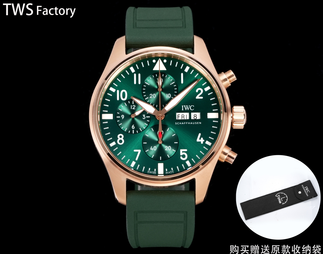NO:765709,Produced by TWS, rose gold, TWS Factory new product, IWC IWC N9 AMG engineers join forces, full of arrogance, IWC Pilot's new IW388108 pilot series 1. The watch is treated with sandblasting matte technology to present a titanium effect, with mature workmanship, clear and three-dimensional lines, harmonious color matching, and very versatile. 3. The dial design continues the pilot's classic cockpit dashboard style. The Petronas Green color combination gives the watch a brand new look and is full of arrogance.  4. The new transparent bottom design adopts the modified self-produced 69385 self-winding mechanical movement, which can provide the watch with a 46-hour power reserve when fully wound. 5. The double-layer light blue anti-vertigo coating allows for clearer reading. It continues the classic appearance of the previous model, and Petronas Green has also become a hot spot this year. It is definitely the most universal watch. 6. No expense is spared to open the original mold, and it is paired with a quick-release fluororubber strap/quick-release woven belt exclusively developed by the counter. Welcome to taste this masterpiece of TWS!  Luxurious and exquisite recommendation for men’s multifunctional mechanical watch as a gift. Best luxury recommendation. Please look for TWS exclusive quality,,iwc19860909TWS 出品 玫瑰金  TWS Factory 新品 万国 IWC N9 AMG工程师强强联手 骚气十足 IWC万国飞行员新款IW388108 飞行员系列 1.腕表采用喷砂哑光技术处理呈现钛效果,做工成熟,线条清晰而富有立体感,颜色搭配和谐,非常百搭.3.表盘设计延续飞行员经典的驾驶舱仪表盘风格 马石油绿颜色搭配使腕表焕然一新 骚气十足 4.全新透底设计采用改自产69385型自动上链机械机芯,上满链后能为腕表提供46小时动力储存 5.双层浅蓝色防眩晕镀膜更能清楚的读时,延续的前作的经典外观,马石油绿也成为今年的大热门 绝对是最具万国气质的腕表 6.不惜成本原装开模 搭配专柜独家研发快拆氟橡胶表带/快拆编织皮带 TWS匠心巨作 欢迎品鉴！奢华精致推荐男士多功能机械腕表送礼最佳奢华推荐请认准TWS独家品质,,iwc,Watch