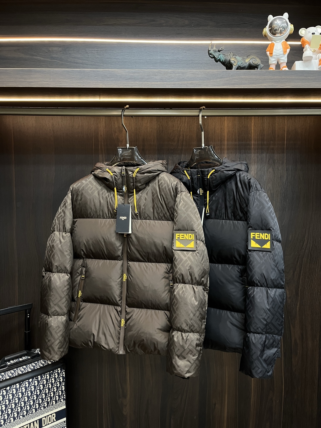 Fendi 2025 Hooded Down Jacket with Logo Patch and Jacquard Pattern