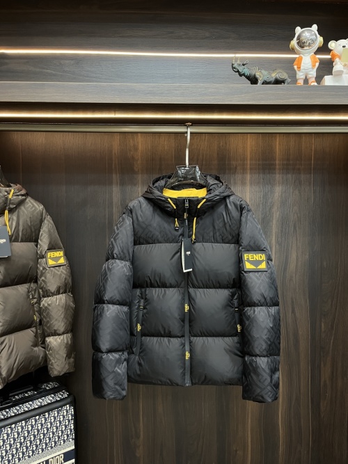 Fendi Hooded Down Puffer Jacket, Lightweight Winter Coat for Men, Black/Brown 1 Fendi Hooded Down Puffer Jacket, Lightweight Winter Coat for Men, Black/Brown