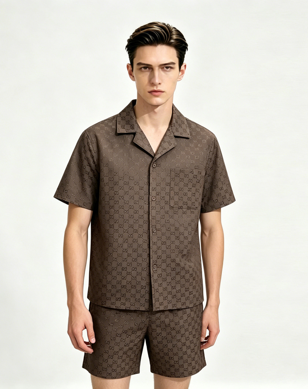 NO:915104,Mainly recommended clothes, pants, Gucci's new dark brown presbyopic Cuban jacquard short-sleeved shorts suit, classic GG presbyopic pattern, low-key retro and luxurious. The cotton fabric is breathable and comfortable, perfect for summer wear! The Cuban collar design has a lazy atmosphere, loose version, and the whole outfit has a sense of hierarchy. The dark brown color is calm and versatile, and can be easily used for commuting, vacationing, and daily outings. It is a must-have item for 'old money style', highly recommended!  Color Brown Size 46 48 50 52 H2026,,gucci,shorts,T-shirt,19860909主推衣服 裤子 Gucci 新款深棕老花古巴提花短袖短裤套装,经典GG老花图案,低调复古又奢华.棉质面料透气舒适,夏天穿超合适!古巴领设计自带慵懒氛围,宽松版型,整套穿着有层次感.深棕色调沉稳百搭,通勤,度假,日常出街都能轻松驾驭,是'老钱风'穿搭必备单品,强烈推荐！ 颜色棕色 码数46 48 50 52 H2026,,gucci,shorts,T-shirt,,Men's clothing