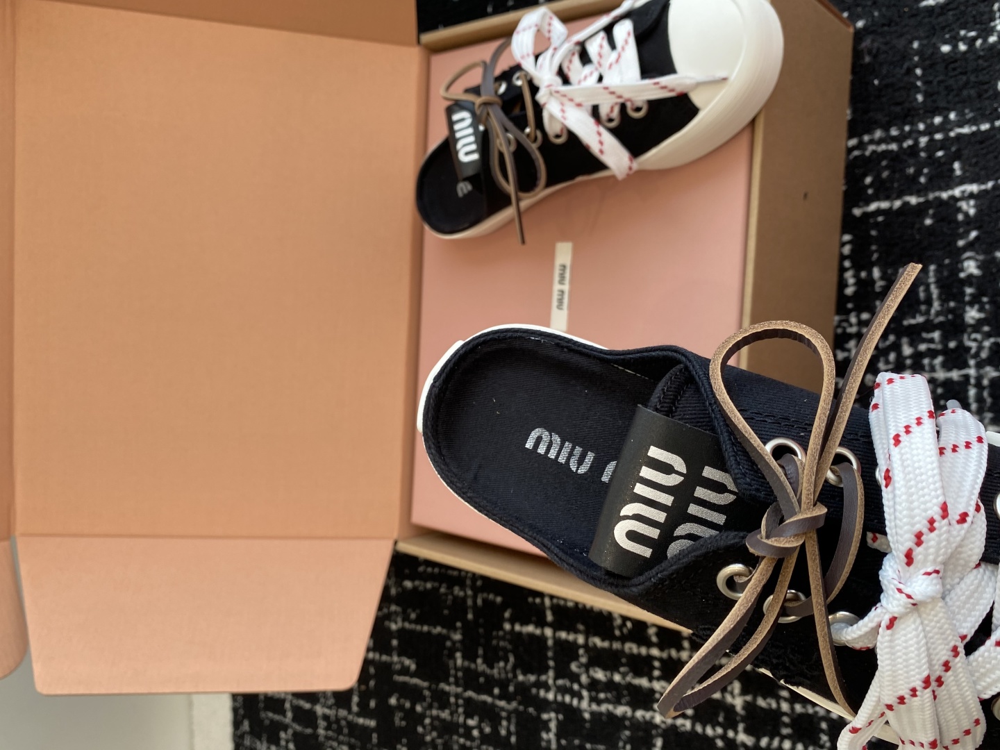 代购级（官网同步✈️盒包装）MiuMiu缪缪 25ss 最新款美式复古风 双鞋带 帆布 半拖 中绑 高绑