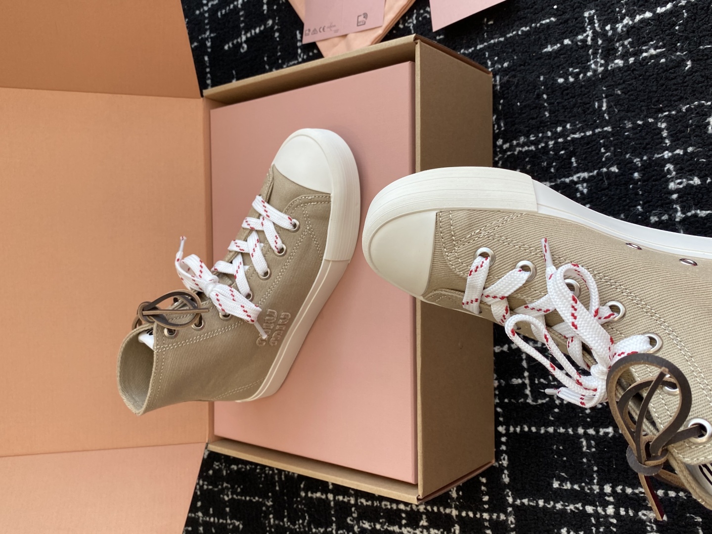 代购级（官网同步✈️盒包装）MiuMiu缪缪 25ss 最新款美式复古风 双鞋带 帆布 半拖 中绑 高绑