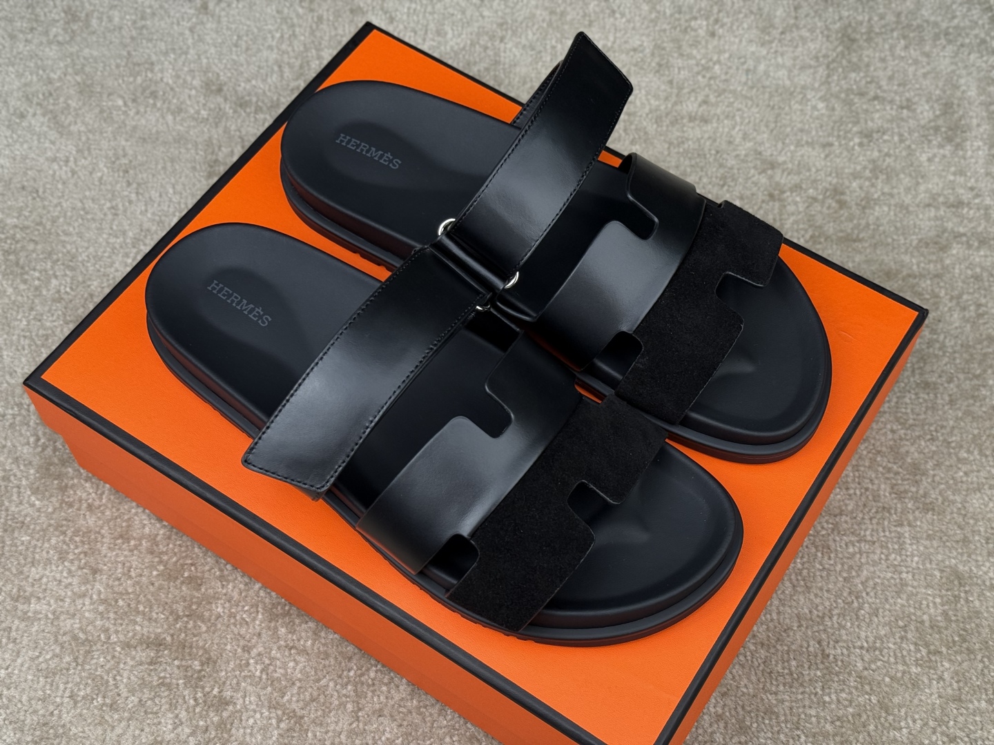 Hermes Chypre Sandal Top Layer Cowhide Leather Adjustable Strap - Black 3 cmp i1746555216705 9488 0 1