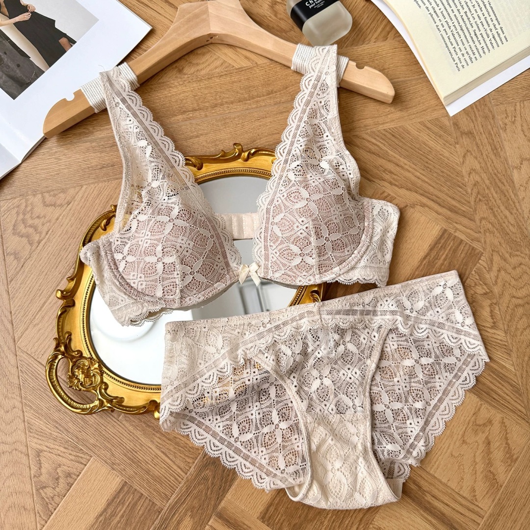 Classic Lace Lingerie Set - Soft Cup Bra and Panty Set, Deep V Design