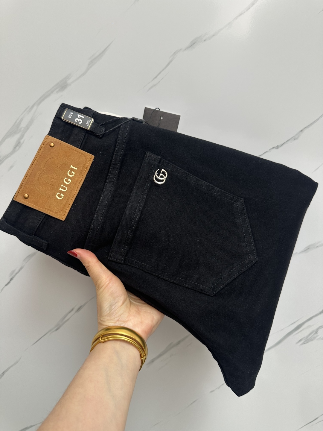 Gucci Black Wash Denim Jeans with Signature Logo and Hardware Details