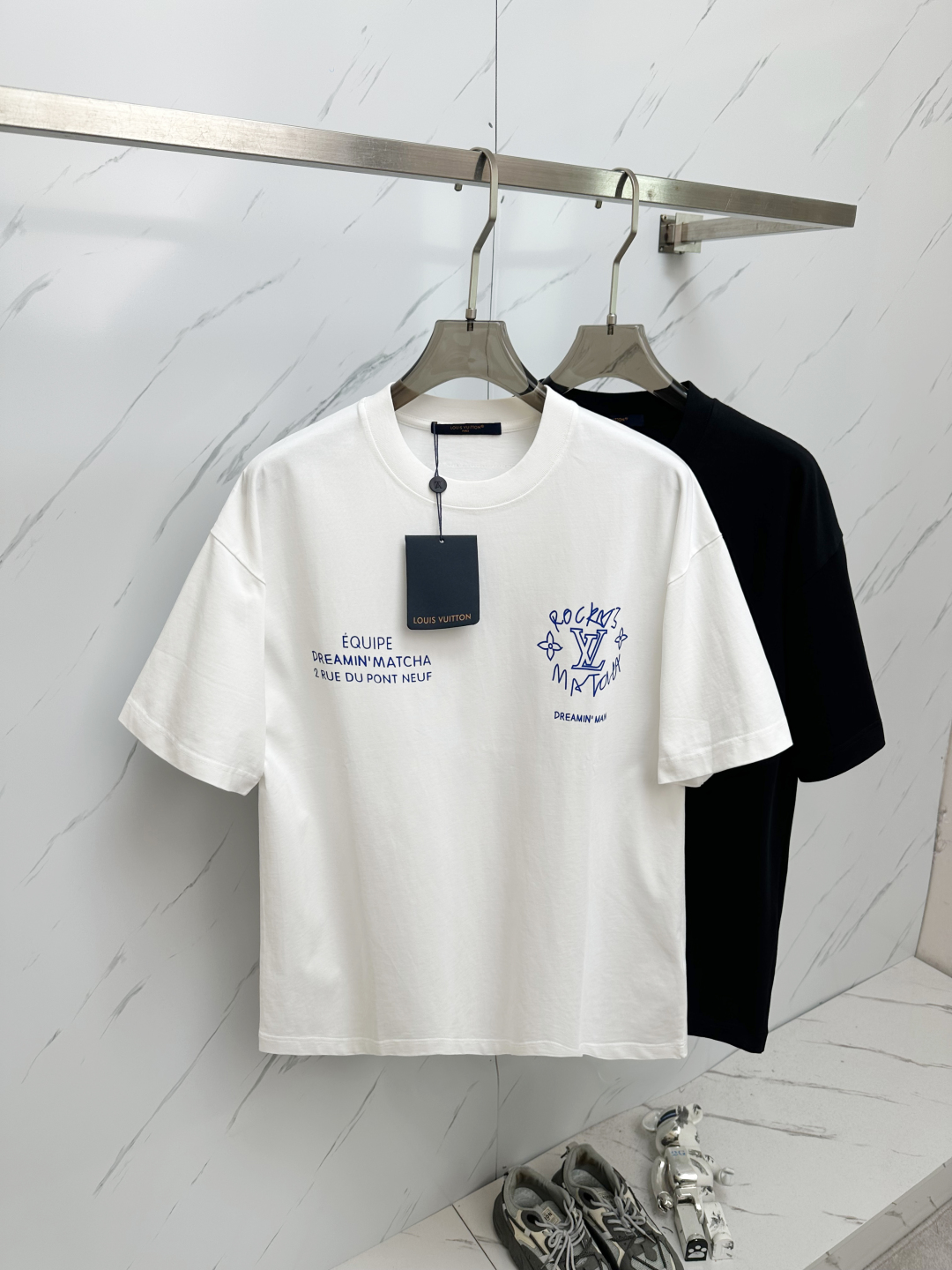 Louis Vuitton Heren T-Shirt met Ronde Hals en Logo in Wit en Zwart