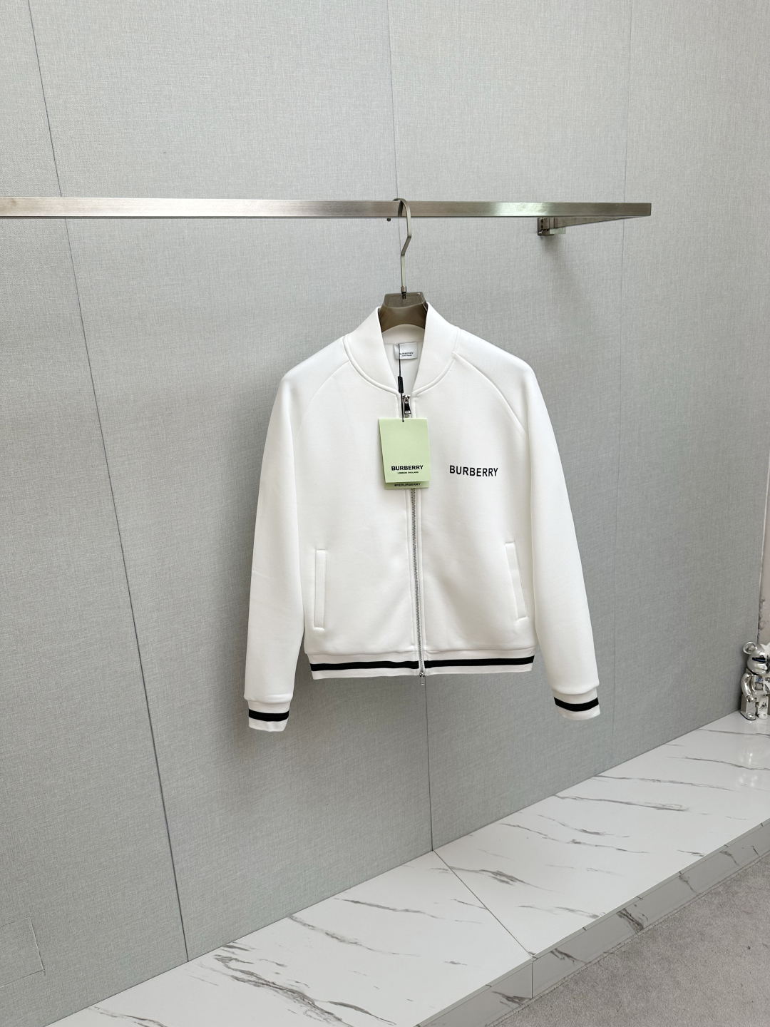 Burberry Men's White Zip-Up Bomber Jacket with Striped Trim