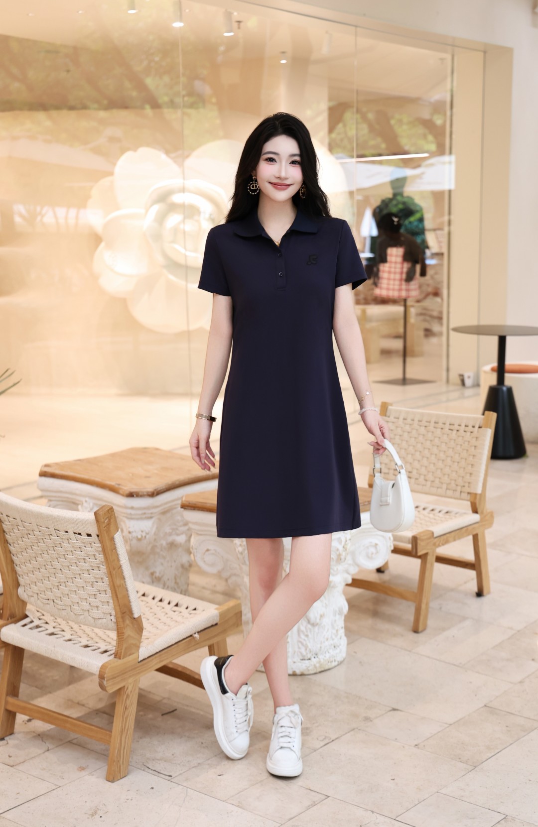 High-end Women’s Clothes: Cyan/White Embroidered Dress with Pockets, Sizes S-XL 2025