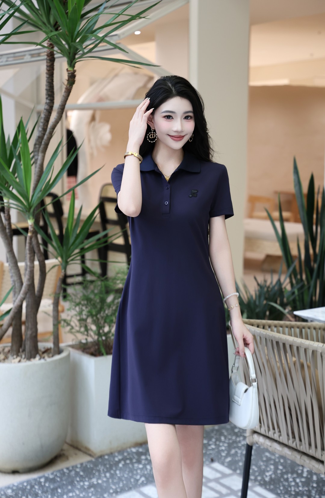 High-end Women’s Clothes: Cyan/White Embroidered Dress with Pockets, Sizes S-XL 2025 - 图片 4