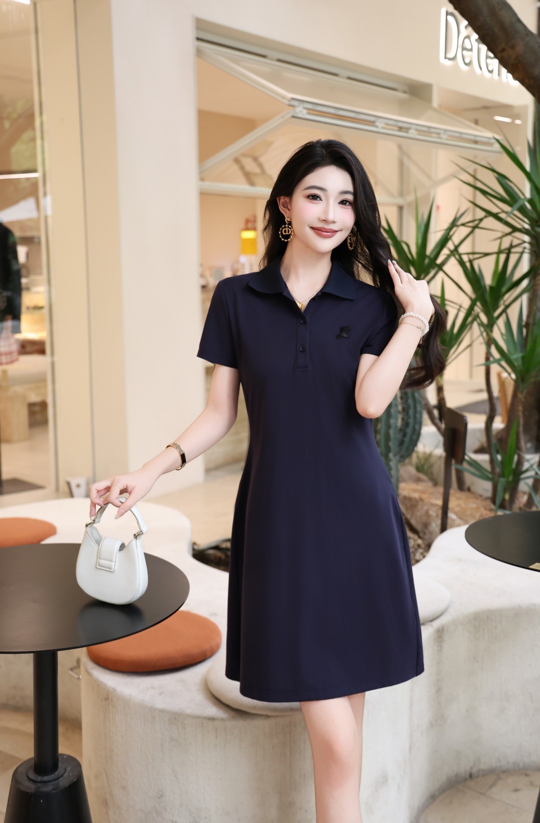 High-end Women’s Clothes: Cyan/White Embroidered Dress with Pockets, Sizes S-XL 2025 - 图片 5
