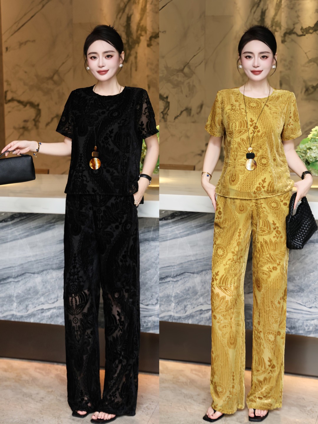 2025 Fashion Women’s Clothing: High-End Quality Black/Yellow Velvet Suit in S~XL Sizes - 图片 7