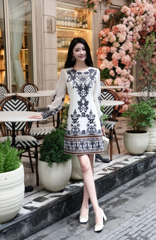Elegant Floral Print A-Line Dress with Sheer Sleeves - Vintage Style 1 Elegant Floral Print A-Line Dress with Sheer Sleeves - Vintage Style