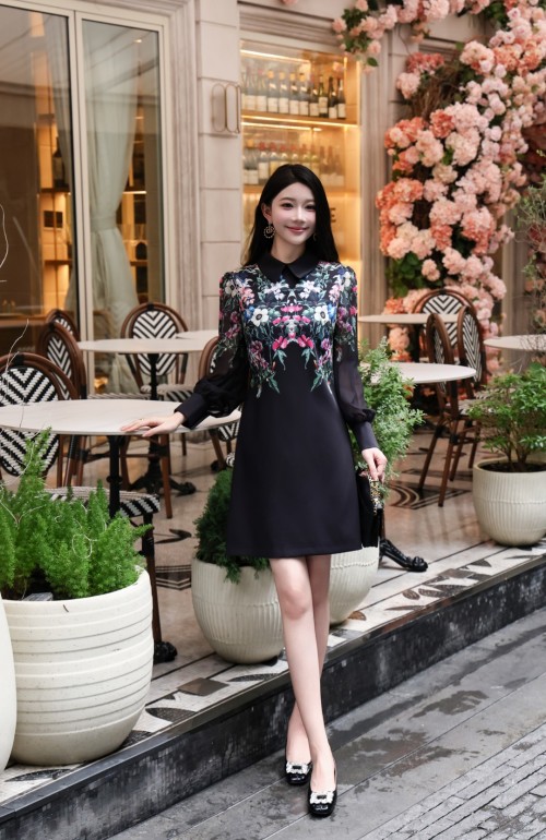 Elegant Floral Print A-Line Dress with Sheer Sleeves for Women, Black/Apricot 1 Elegant Floral Print A-Line Dress with Sheer Sleeves for Women, Black/Apricot
