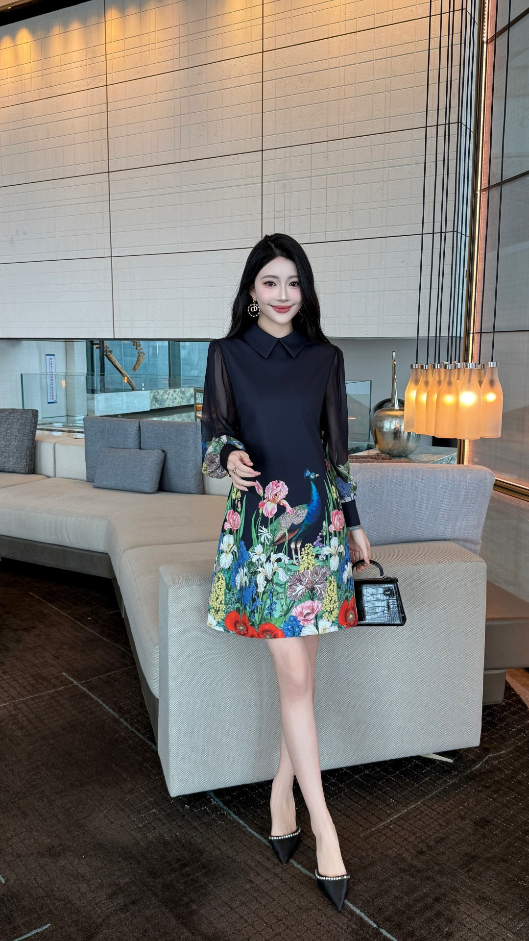 Elegant Peacock Print A-Line Dress with Sheer Sleeves - Perfect for Fall