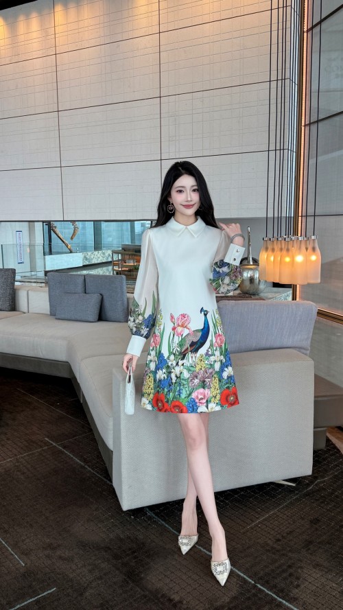 Elegant Women's A-Line Dress with Peacock Print and Sheer Sleeves 1 Elegant Women's A-Line Dress with Peacock Print and Sheer Sleeves