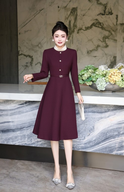 Elegant A-Line Midi Dress with Detachable Collar and Belted Waist 1 Elegant A-Line Midi Dress with Detachable Collar and Belted Waist