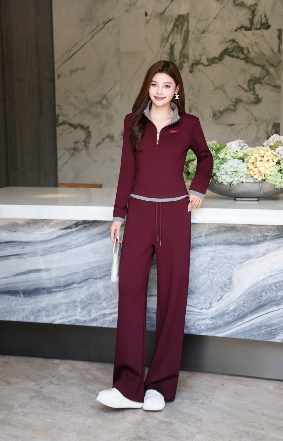 Elegant Women's Wine Red Two-Piece Tracksuit - Fashionable High Waist Design