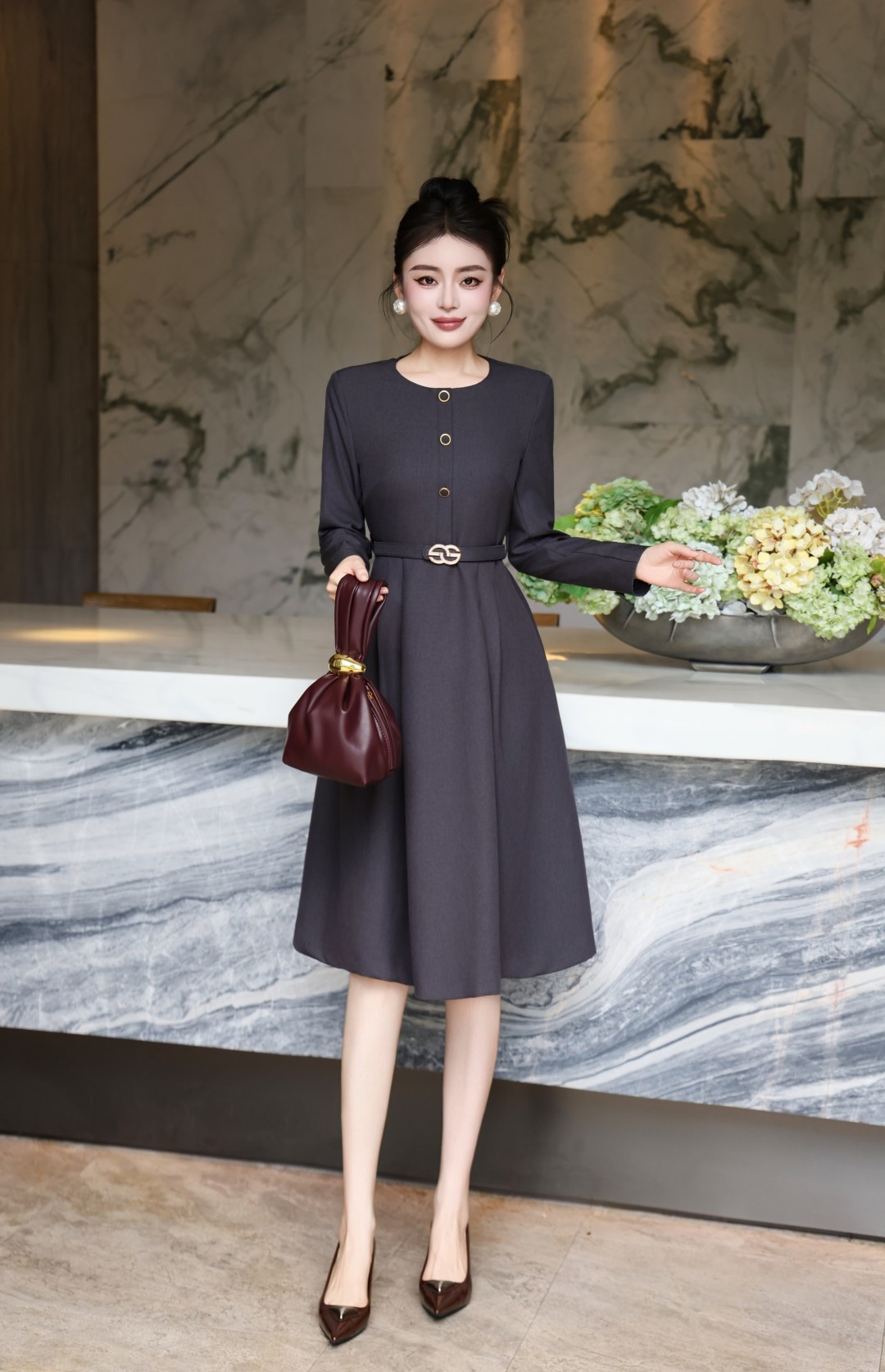 Elegant A-Line Midi Dress with Belt - Perfect for Autumn/Winter
