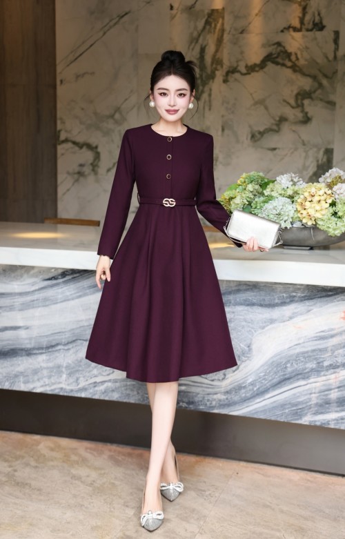 Elegant Wine Red A-Line Dress with Belt - Perfect for Fall and Winter 1 Elegant Wine Red A-Line Dress with Belt - Perfect for Fall and Winter