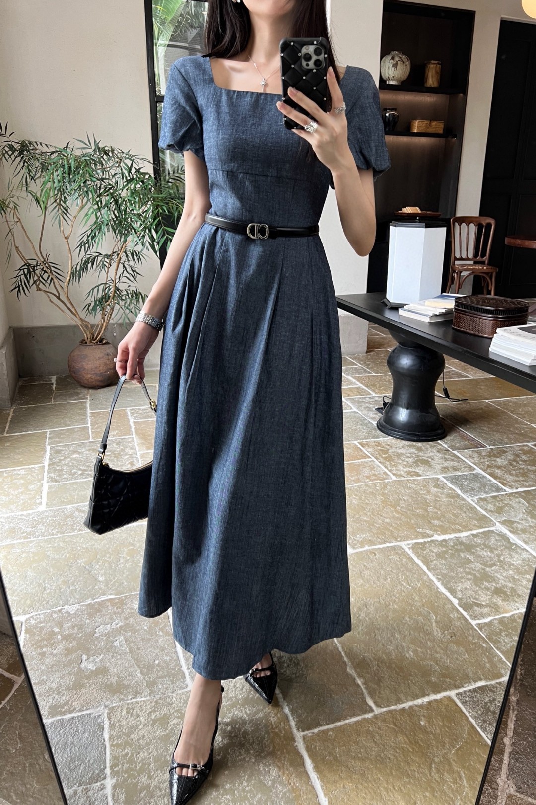 Blue Puff Sleeve Midi Dress with Belt - Elegant Spring Fashion 10 cmp a1746373978884 1726