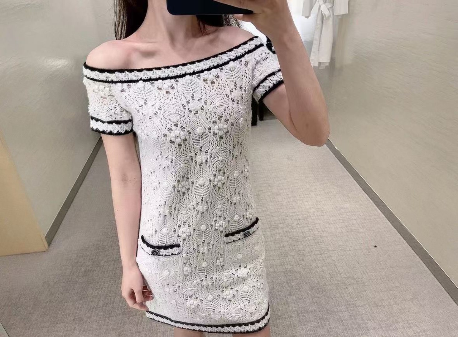 Elegant Chanel Vintage Hollow-Out Short Sleeve Dress with Silk Lining 10 cmp a1747323618240 8813