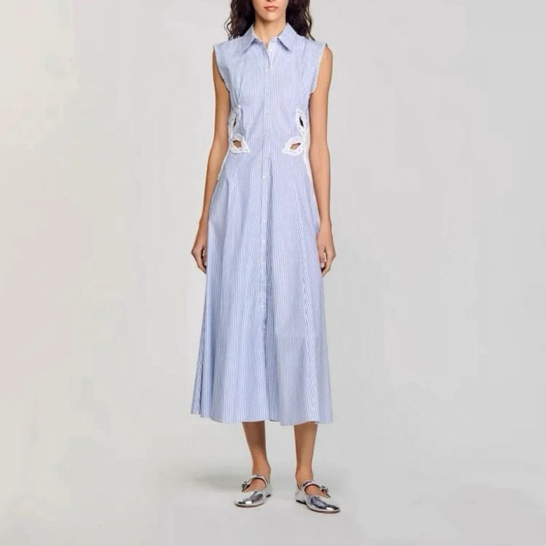Striped Polo Collar Sleeveless Dress, Blue and White, Elegant Floral Detail 9 cmp a1748618499657 2634