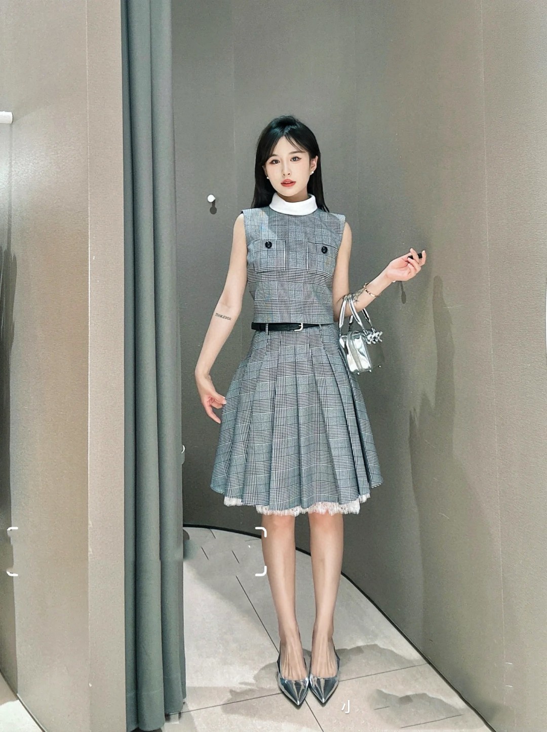 Gray Plaid Vest Two-Piece Set, Stylish British Style Vest & Pleated Skirt 10 cmp a1749309694815 3713
