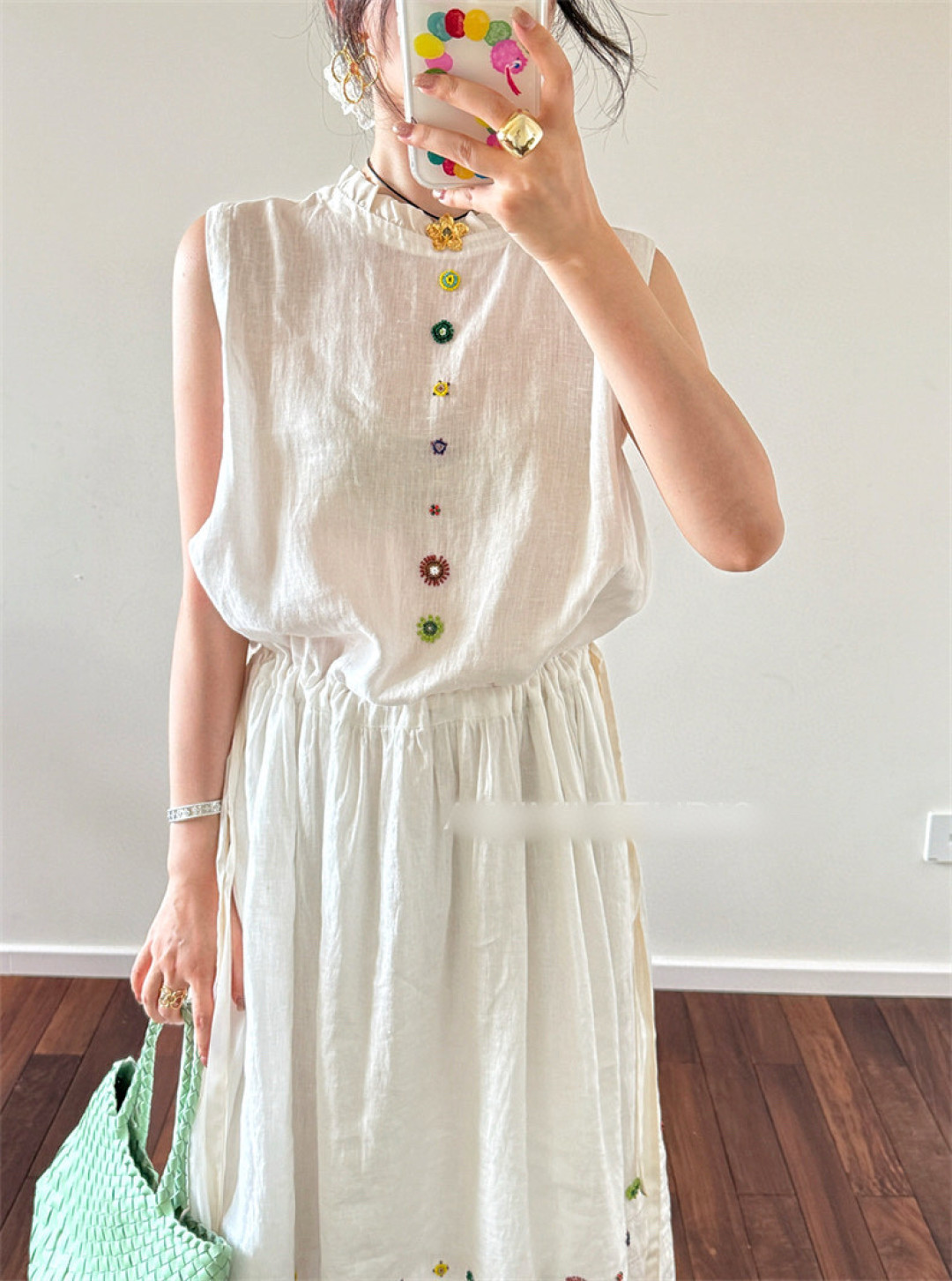 Elegant White Linen Beaded Lace Dress - Drawstring Waist, Round Neck, Sweet Style 10 cmp a1751210696536 4575