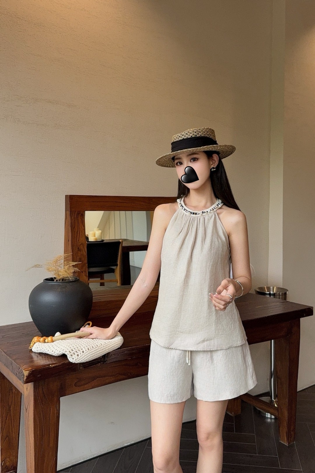 Elegant Linen Sleeveless Top & Shorts Set - Retro Woven Collar Design 10 cmp a1751297326887 6501