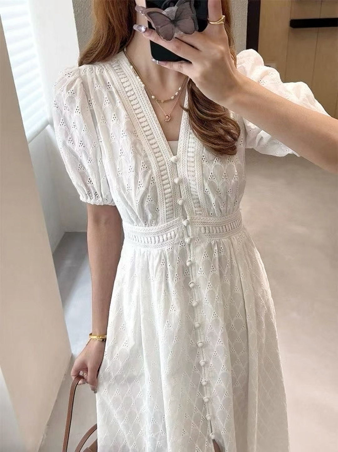 Elegant V-Neck Embroidered Dress with Puff Sleeves 10 cmp a1754232190004 8264