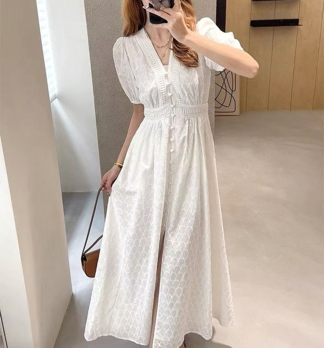 Elegant V-Neck Embroidered Dress with Puff Sleeves 9 cmp a1754232190005 4138