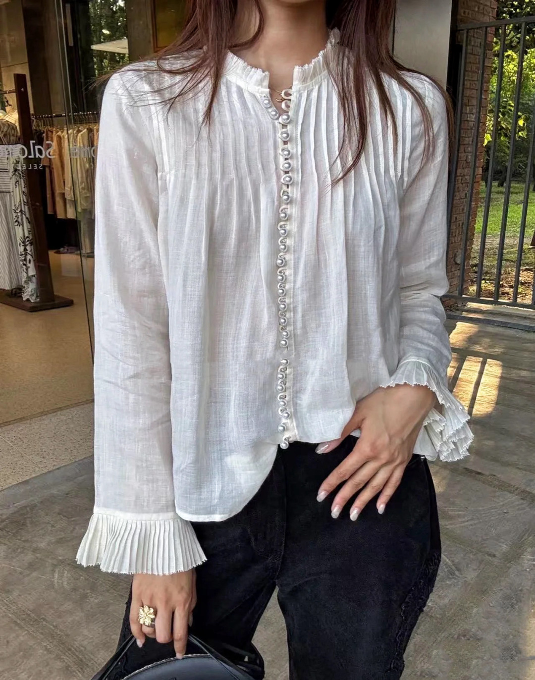 Elegant White Lace Stand Collar Top with Pearl Buttons & Pleated Details 9 cmp a1754752929766 3134