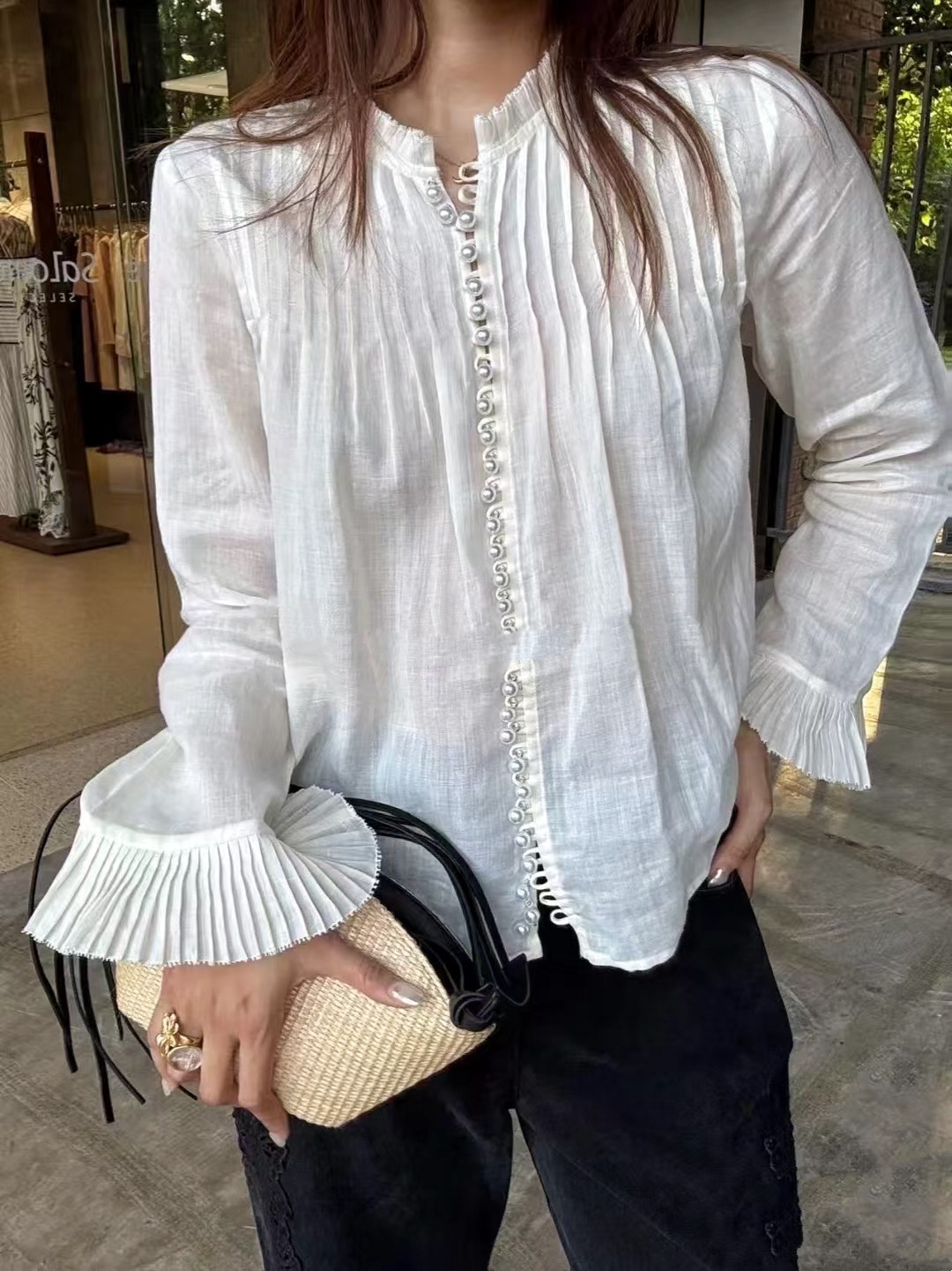 Elegant White Lace Stand Collar Top with Pearl Buttons & Pleated Details 10 cmp a1754752929766 5556